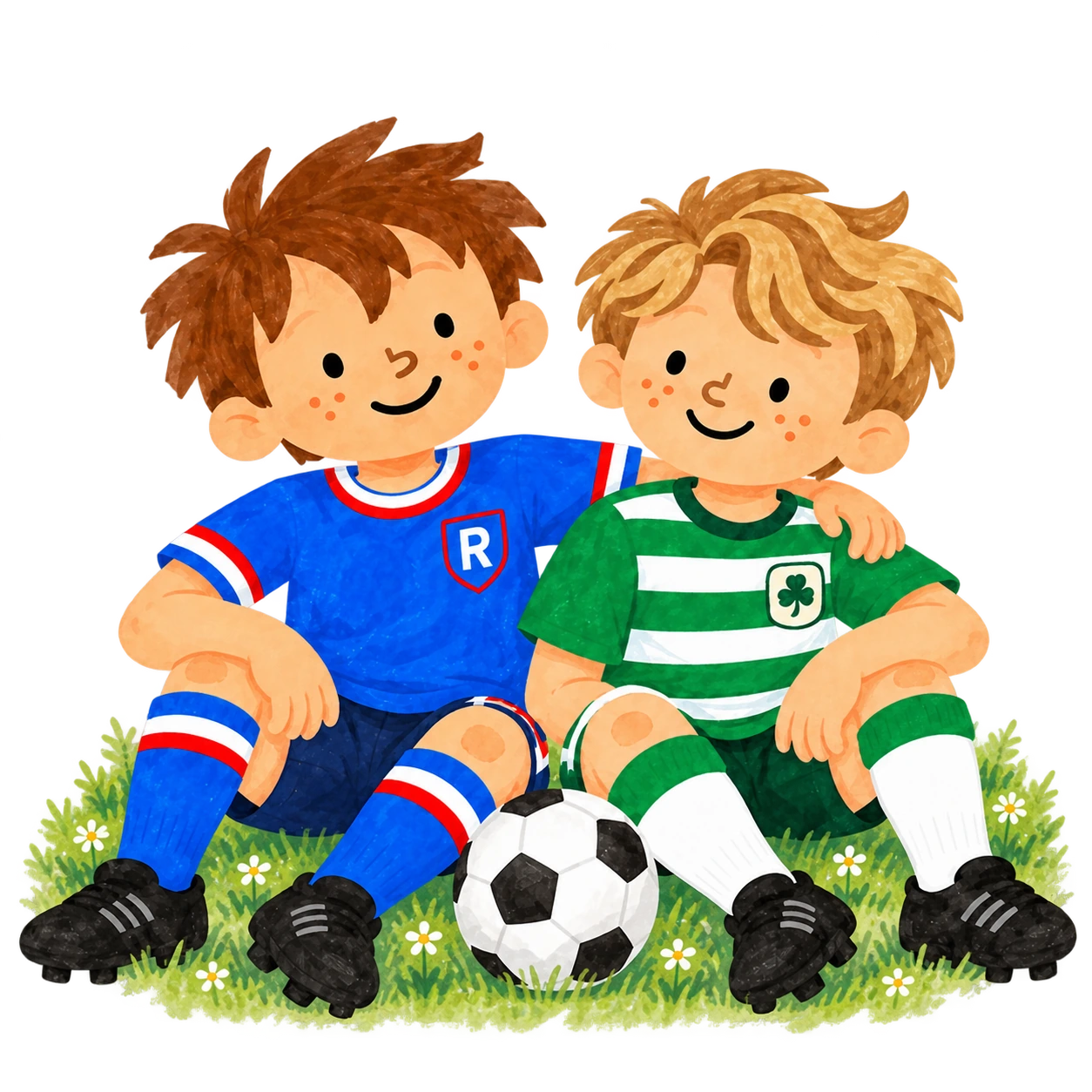 Jamie in blue and Callum in green and white, sitting arm in arm with their football, both in Santa hats.