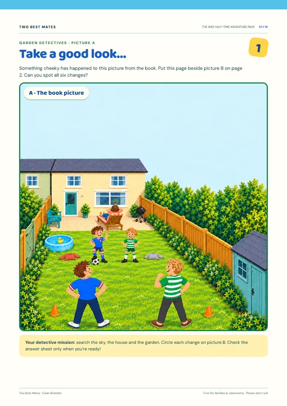 Spot the difference, picture A: Jamie, Callum and the dads in the garden from the book, ready for a match.