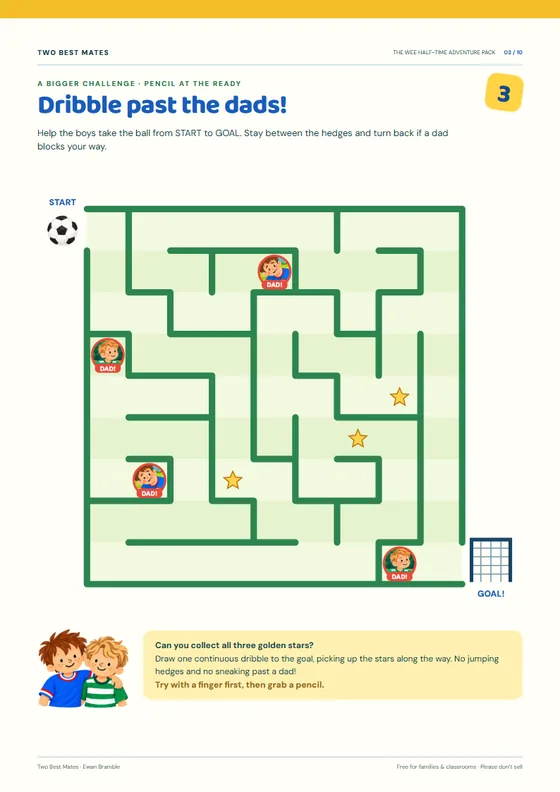 Dribble maze: help the boys take the ball from start to goal, collecting gold stars and dodging the dads.