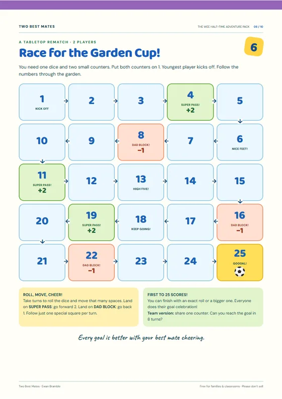 Race for the Garden Cup: a 25-square board game for two players, with Super Pass and Dad Block squares.
