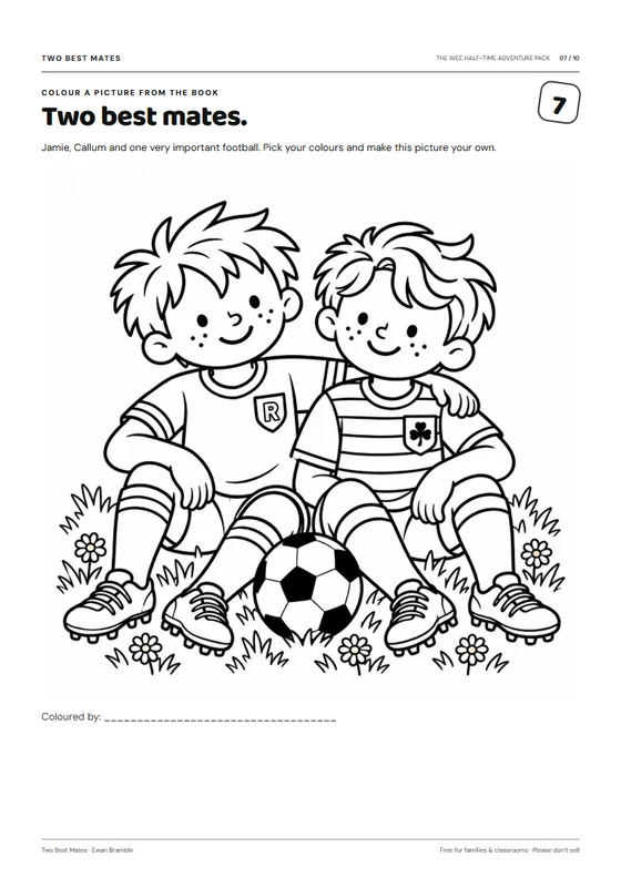 Colouring page: Jamie and Callum sitting arm-in-arm with their football.
