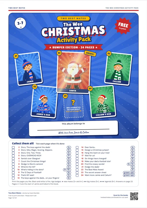 Pack cover, like the front of a sticker album: The Wee Christmas Activity Pack, Bumper Edition, 24 pages for ages 3–7, with stickers of Jamie, Callum, the two dads and a shiny Santa, and a space for your name.