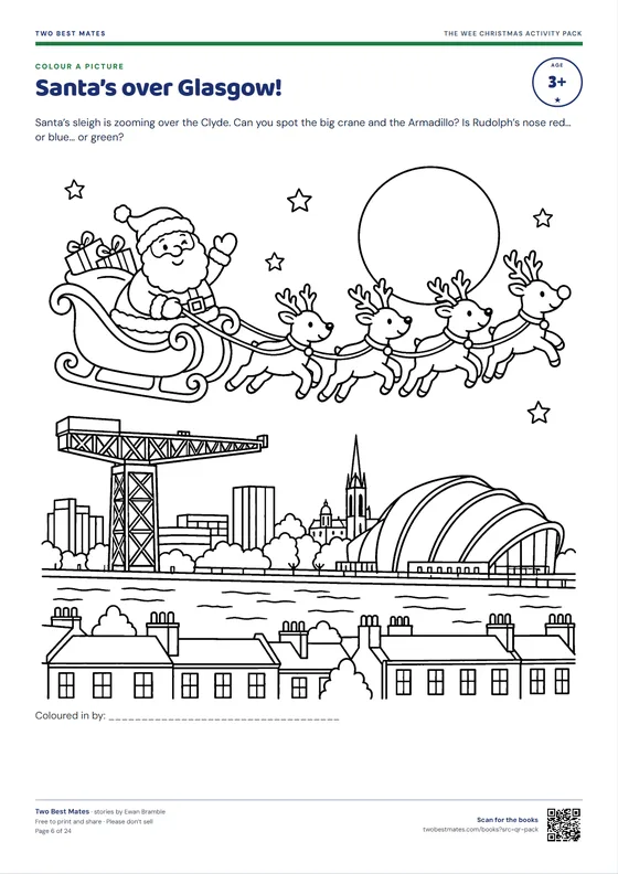 Colouring page: Santa’s sleigh flying over the Glasgow skyline, past the big crane and the Armadillo.