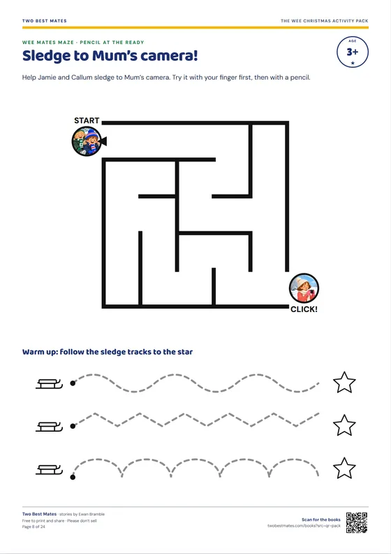Sledge maze: help Jamie and Callum sledge to Mum’s camera, with a follow-the-tracks warm-up.