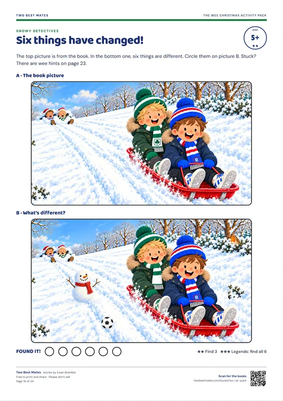 Spot the difference: Jamie and Callum on their sledge, with six things changed in the second picture.
