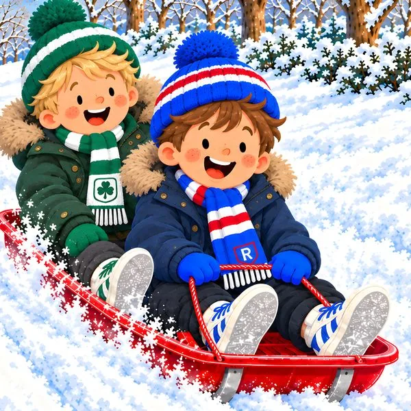 Jamie and Callum in bobble hats and team scarves, grinning on their red sledge in the snow.
